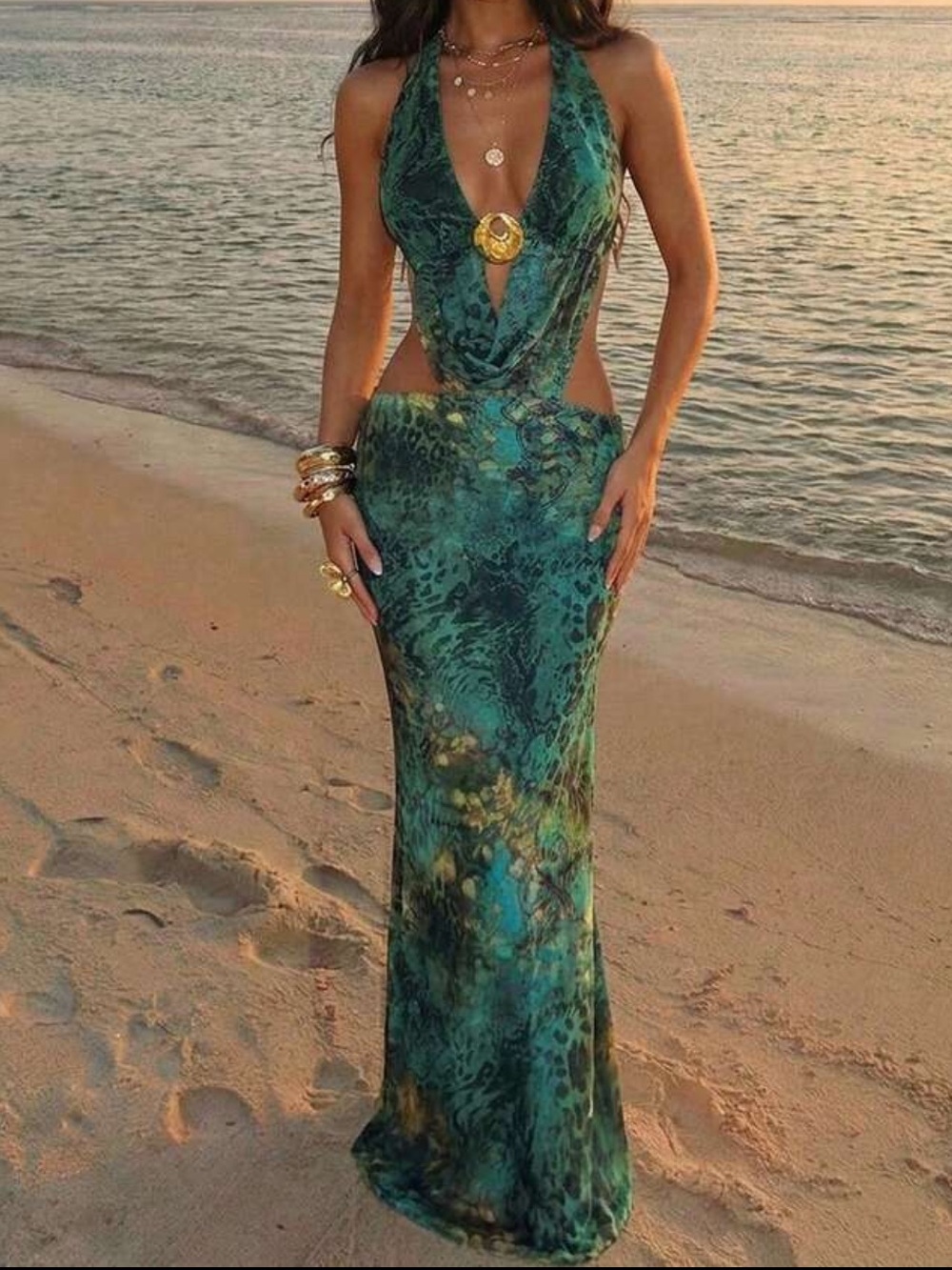 SHEIN Teal Green Backless Halter Maxi Dress with Gold Accent